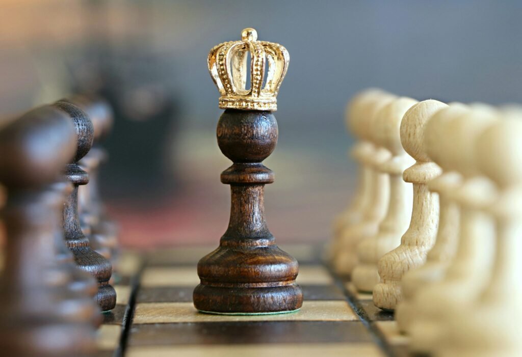 نتشه:لماذا أنا على هذا القدر من الذكاء؟ A brown pawn with a crown stands prominently on a chessboard, symbolizing strategic play.